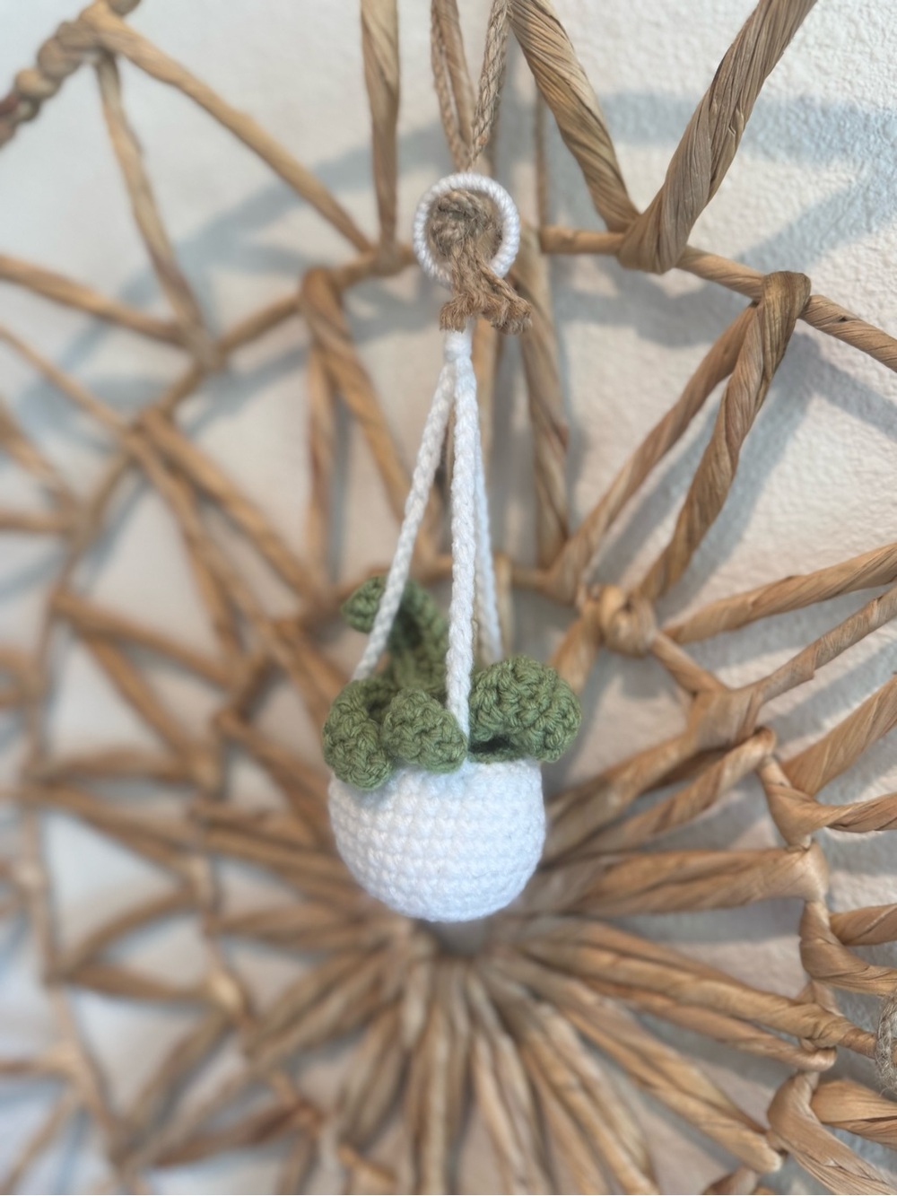 White Crochet Hanging Planter with Green Faux Succulents